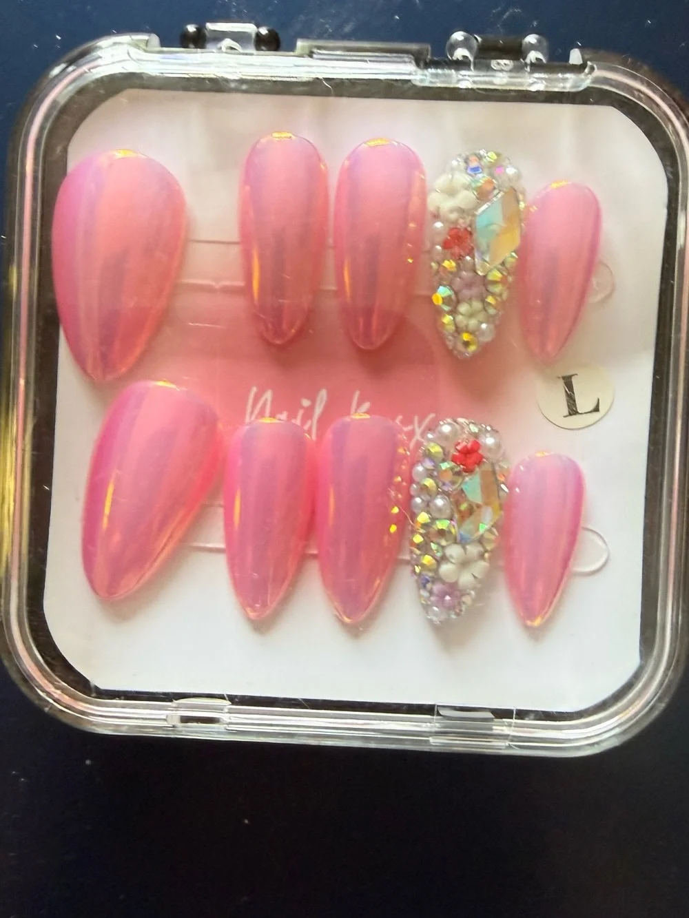 Pink Iridescent Press-On Nail Set with Rhinestone Accent